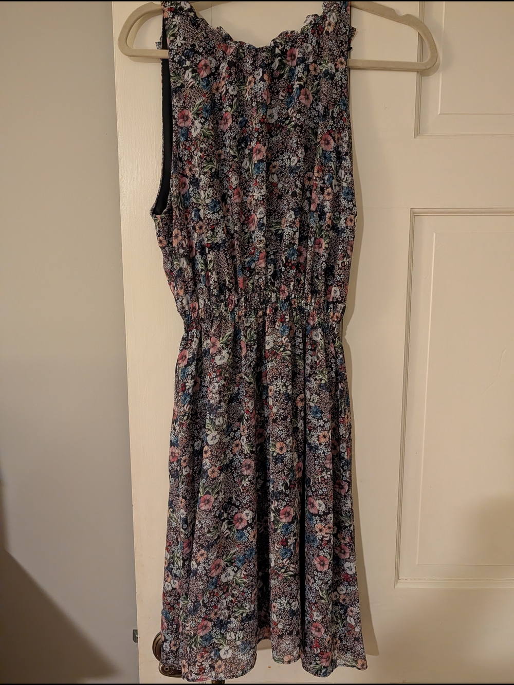H&M Black Floral Midi Halter Dress w Pink and Blue Accents